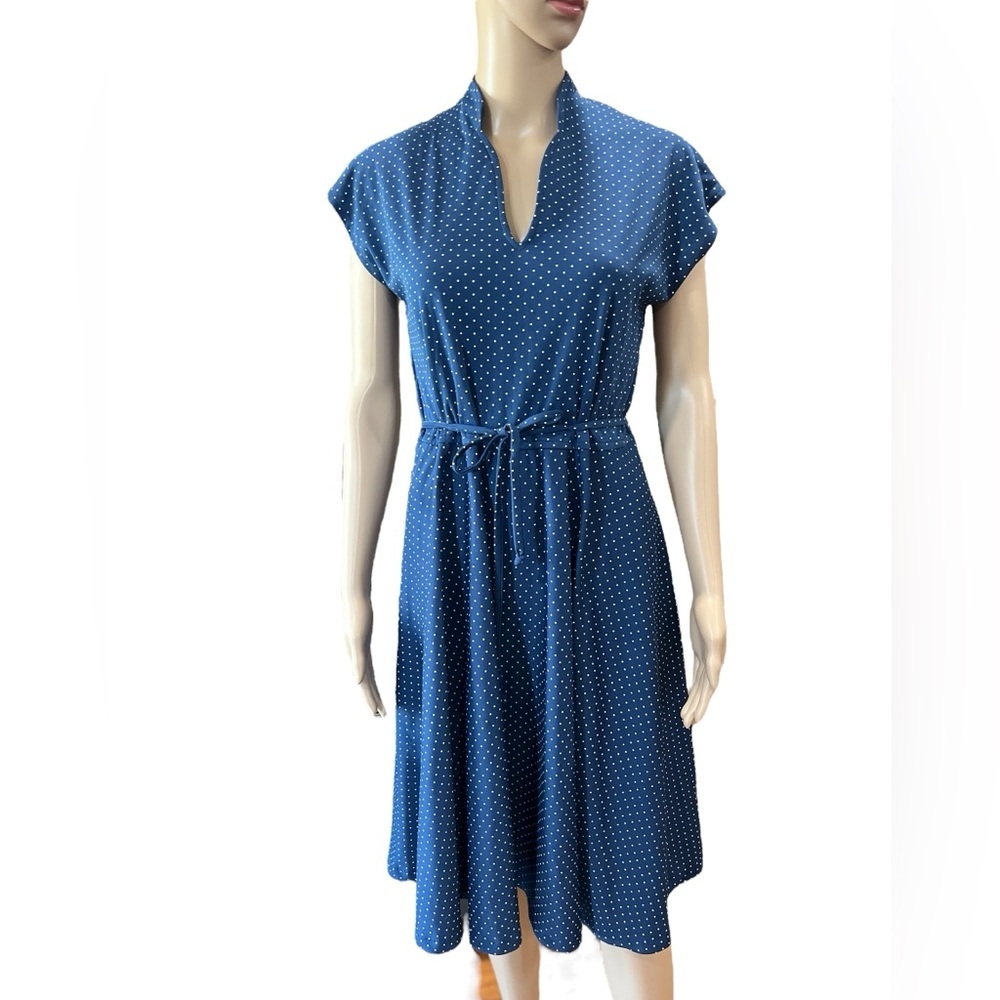 Polka dot summer sun CONTI-LEE Belted navy blue white fit n flare dress-M/L
